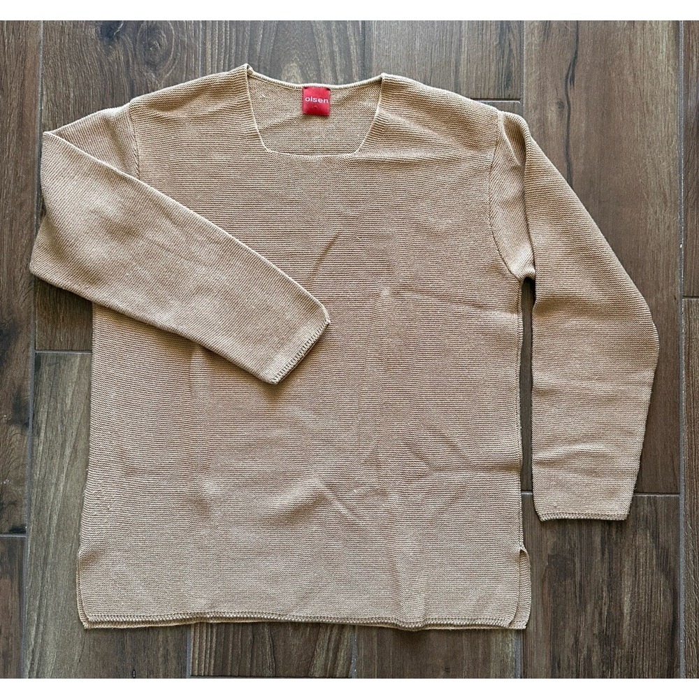 Olsen Womens Tan Merino Wool Blend‎ Square Neck Knit Sweater Size 10 US 14 GB